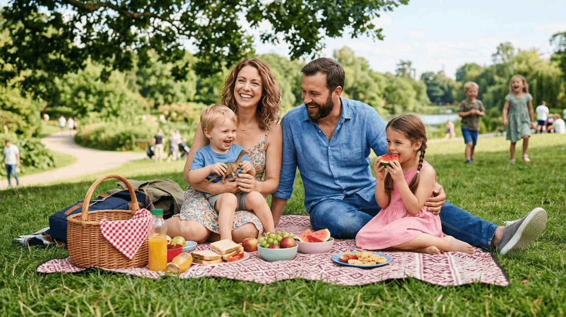 Família feliz fazendo piquenique no campo